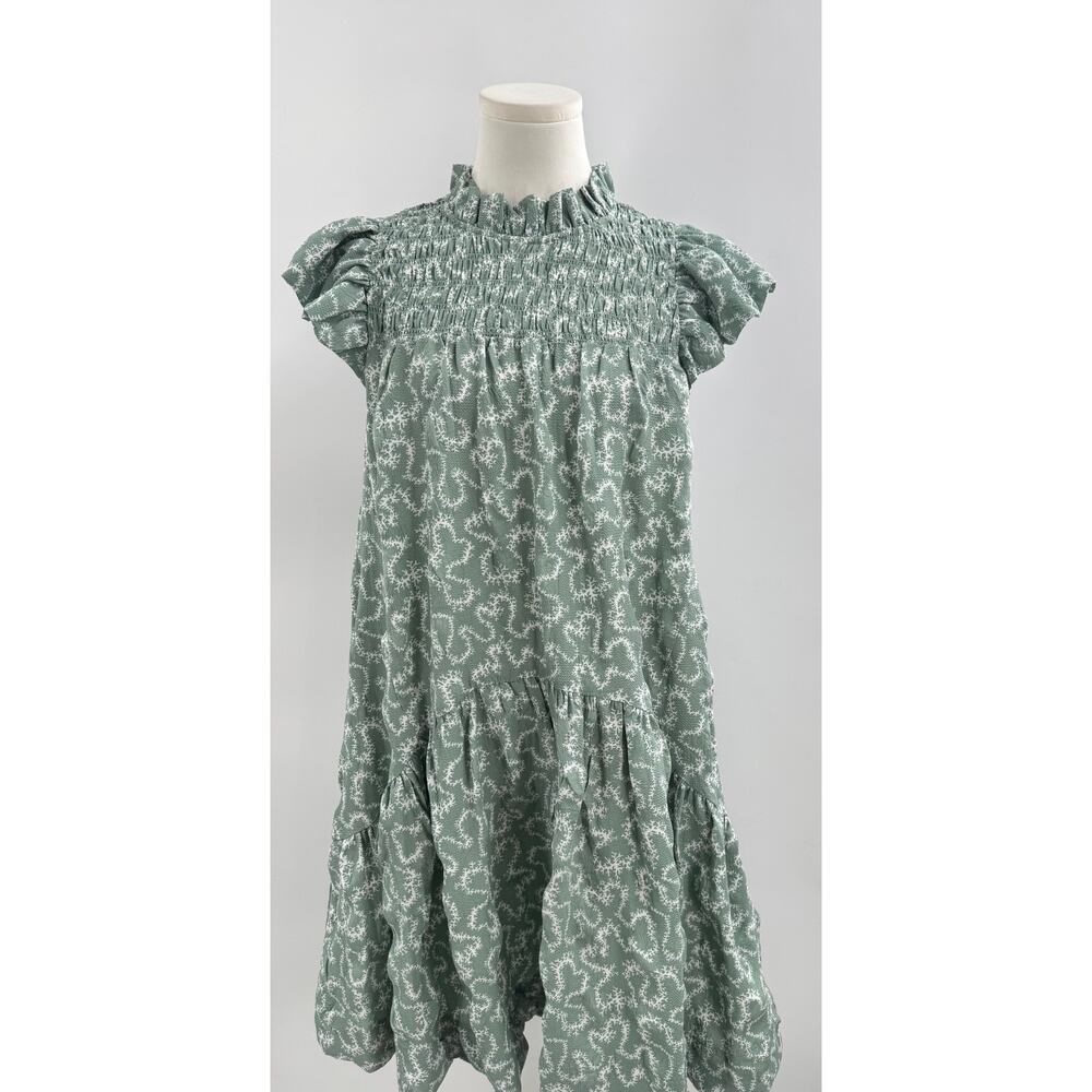 Sea New York Thandi Green Mock Neck Flutter Sleeve Smocked Dress S Oversized
